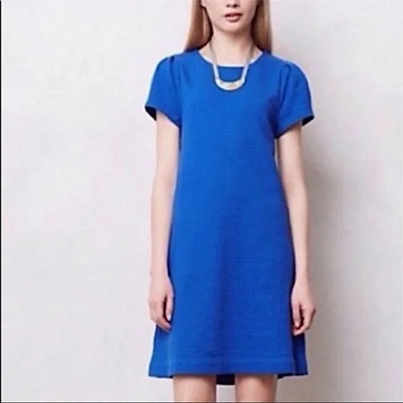 Anthropologie Maeve 60s Retro Textured Short Sleeve Shift Dress Size Small Blue - Picture 1 of 12
